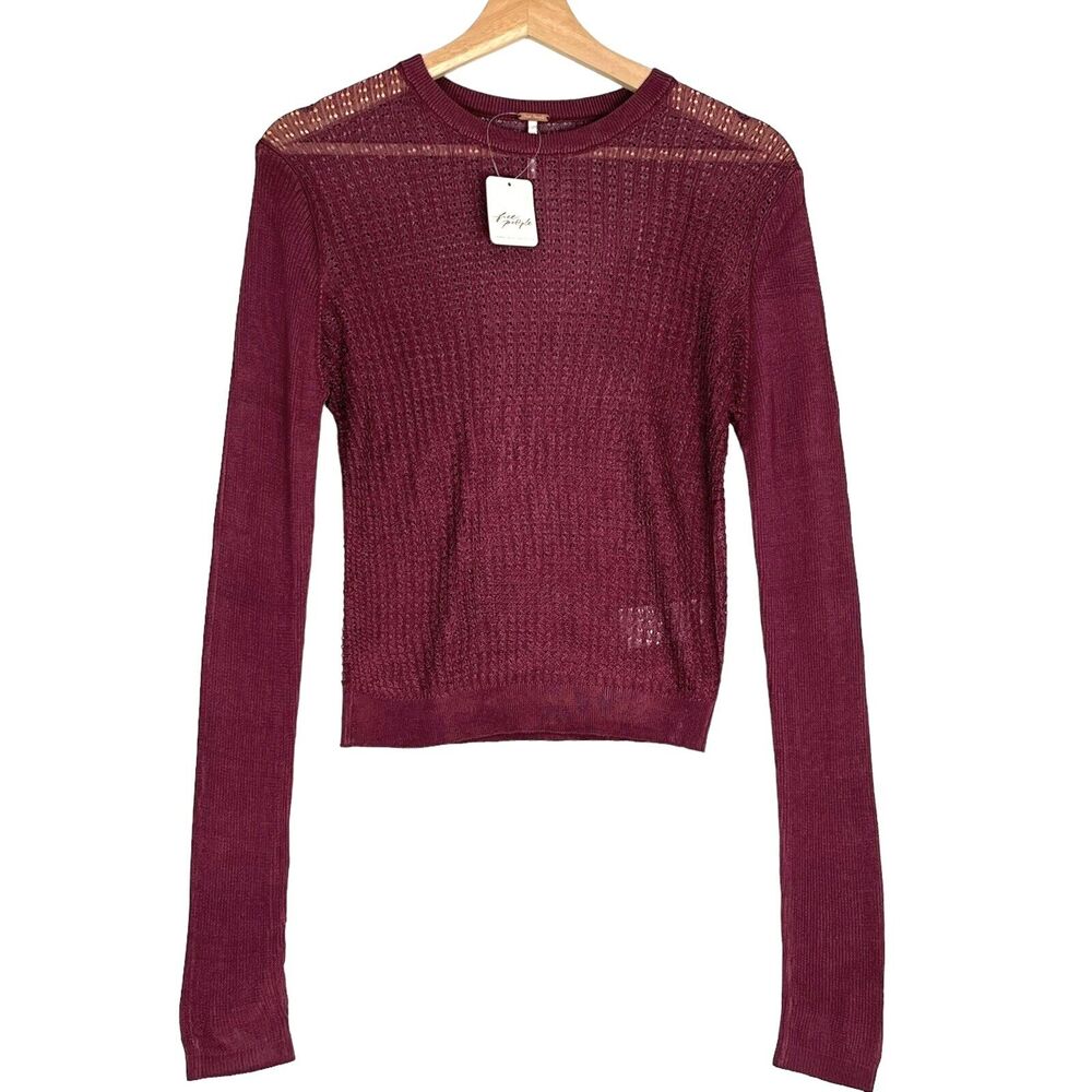 Free People H20 Crew Pullover Top Raw Garnet Sz M Ribbed Mesh Cropped Stretch - Picture 2 of 8
